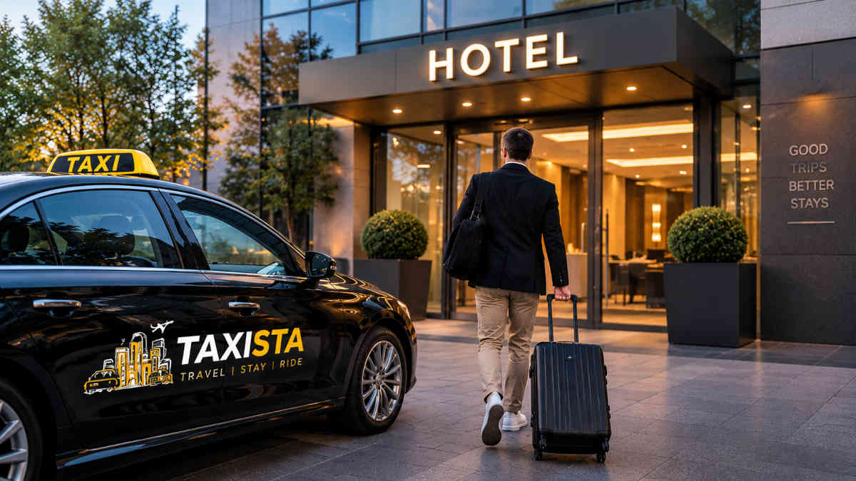 Taxi von Taxista vor einem Hotel für den Flughafentransfer Stuttgart